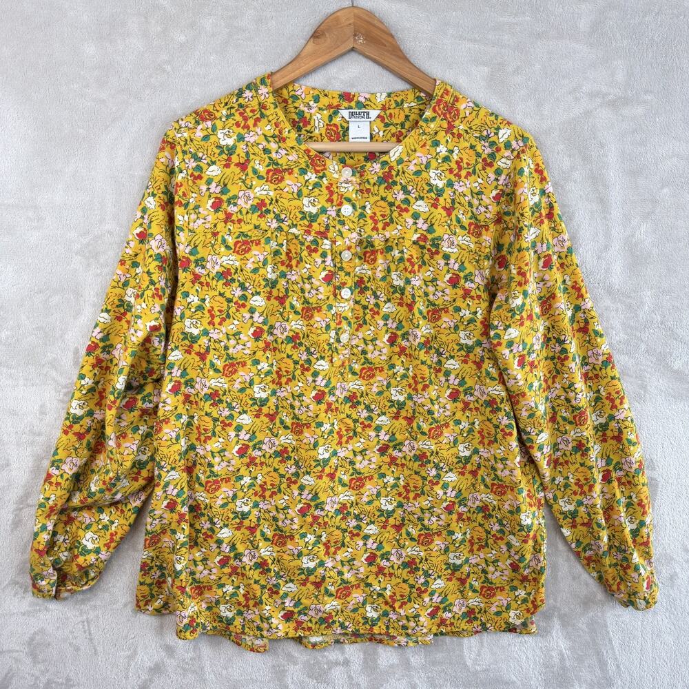 Duluth Trading Company Seawool Blouse Large Yellow Flannel Prairie Cottagecore